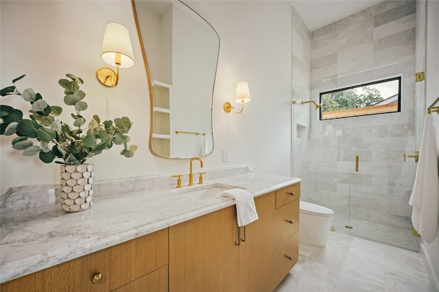 3727 Clover Ln, Dallas, TX 75220 - bathroom with vanity, a stall shower, and marble finish flooring