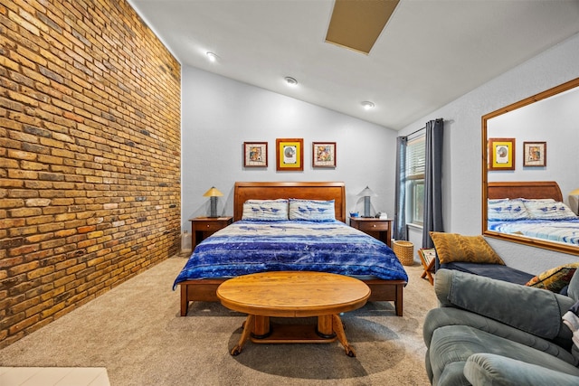 907 Green Terrace Ln, Duncanville, TX 75137 - carpeted bedroom featuring brick wall and lofted ceiling