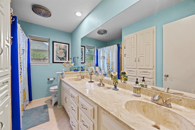 907 Green Terrace Ln, Duncanville, TX 75137 - full bathroom featuring double vanity, tile patterned floors, and a shower with curtain