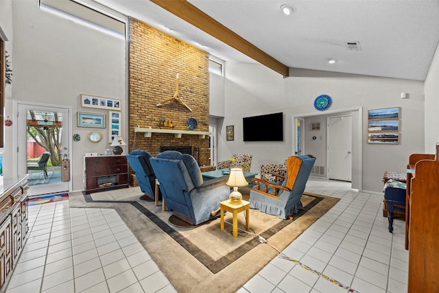 907 Green Terrace Ln, Duncanville, TX 75137 - living area featuring light tile patterned floors, high vaulted ceiling, a fireplace, recessed lighting, and beamed ceiling