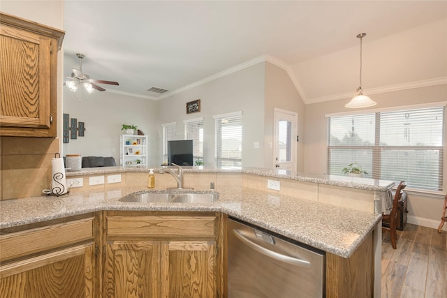 102 Avery Ln, Fate, TX 75189 - kitchen featuring dishwasher, a sink, a ceiling fan, open floor plan, and light wood-style flooring