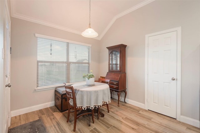 102 Avery Ln, Fate, TX 75189 - dining room with ornamental molding, lofted ceiling, baseboards, and light wood finished floors