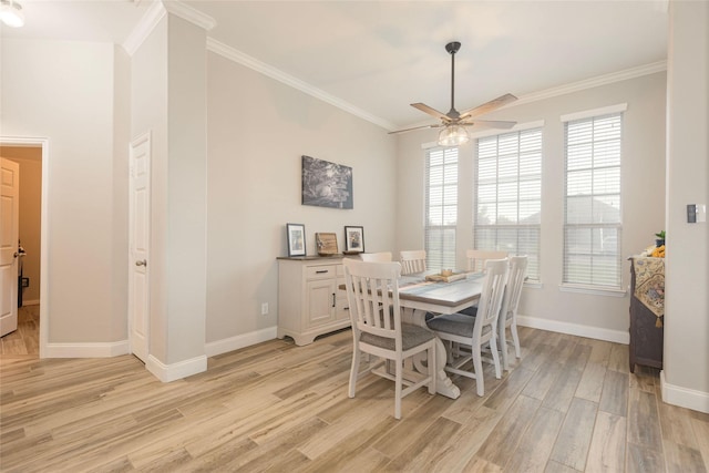 102 Avery Ln, Fate, TX 75189 - dining space featuring ornamental molding, light wood-style floors, ceiling fan, and baseboards