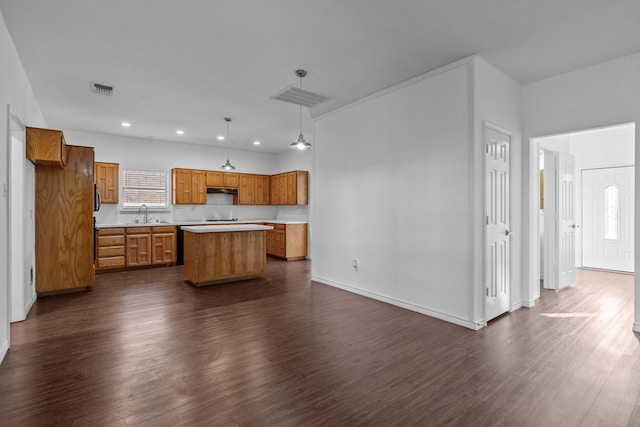 6814 Silver Lake Dr, Rowlett, TX 75089 - kitchen with brown cabinets, dark wood finished floors, a kitchen island, light countertops, and a sink