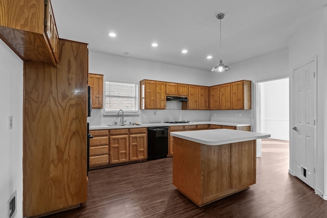 6814 Silver Lake Dr, Rowlett, TX 75089 - kitchen with black dishwasher, a sink, brown cabinets, light countertops, and recessed lighting