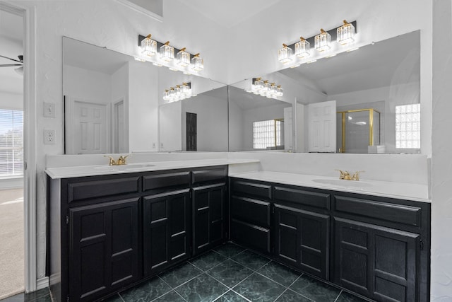 6814 Silver Lake Dr, Rowlett, TX 75089 - bathroom with double vanity, a shower with shower door, and tile patterned flooring