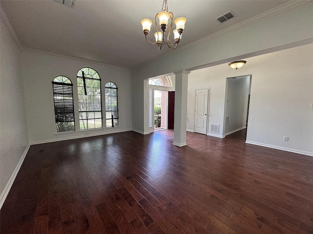 6408 Townsend Ln, Plano, TX 75024 - empty room with decorative columns, crown molding, dark wood-style flooring, a chandelier, and baseboards