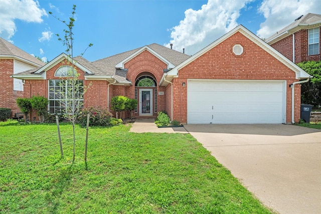 7816 Blossom Dr, Fort Worth, TX 76133 - view of front of property featuring concrete driveway, brick siding, a front yard, a garage, and a shingled roof
