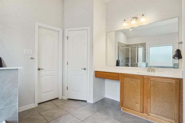 2612 Dancing Flame Dr, Denton, TX 76201 - full bath featuring a shower stall, tile patterned flooring, vanity, and baseboards
