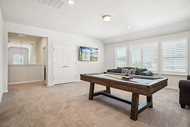 2612 Dancing Flame Dr, Denton, TX 76201 - game room featuring light carpet, healthy amount of natural light, billiards table, and vaulted ceiling