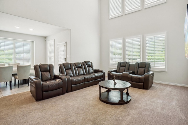 2612 Dancing Flame Dr, Denton, TX 76201 - living area with light carpet, a high ceiling, plenty of natural light, and baseboards