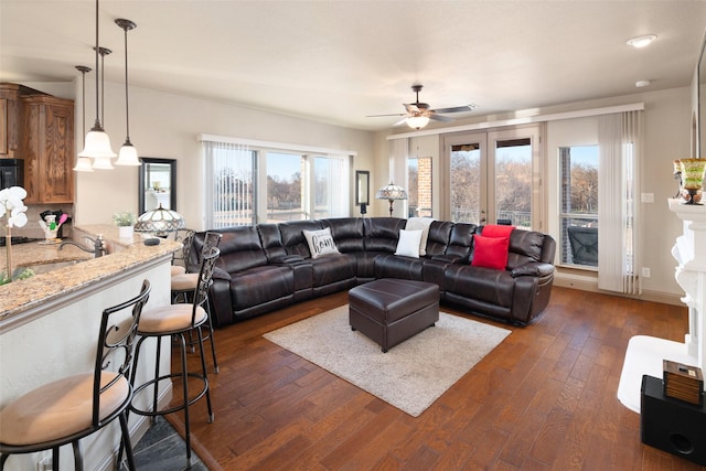6619 Crestmoor Ln, Sachse, TX 75048 - living room featuring ceiling fan and dark wood-style floors