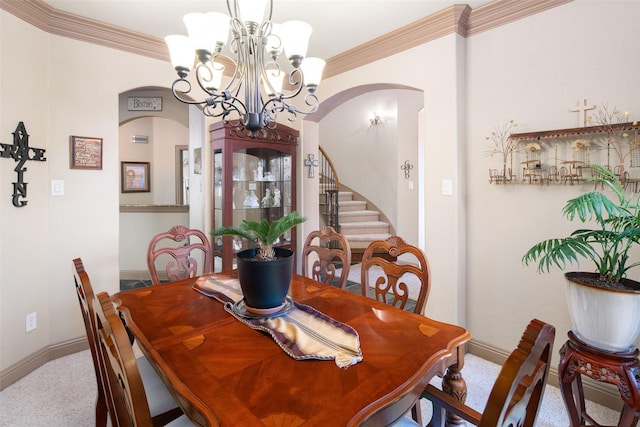 6619 Crestmoor Ln, Sachse, TX 75048 - dining room with arched walkways, a chandelier, ornamental molding, stairway, and carpet flooring