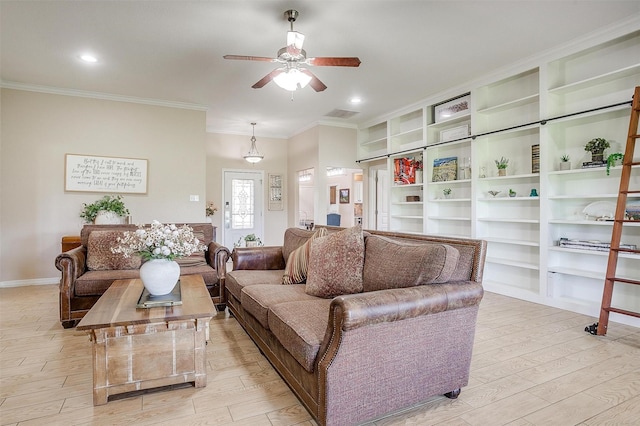 112 Tigers Eye Ct, Weatherford, TX 76087 - living room featuring ceiling fan, light wood-style floors, ornamental molding, baseboards, and recessed lighting