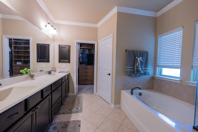 3548 Tuscan Hills Cir, Denton, TX 76210 - full bathroom featuring double vanity, a garden tub, ornamental molding, a spacious closet, and tile patterned flooring