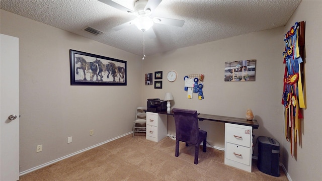 1931 Crestside Cir, Carrollton, TX 75007 - carpeted home office featuring a ceiling fan, a textured ceiling, and baseboards