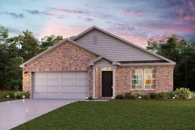 404 Jameson St, Springtown, TX 76082 - ranch-style house with driveway, brick siding, a lawn, and a garage