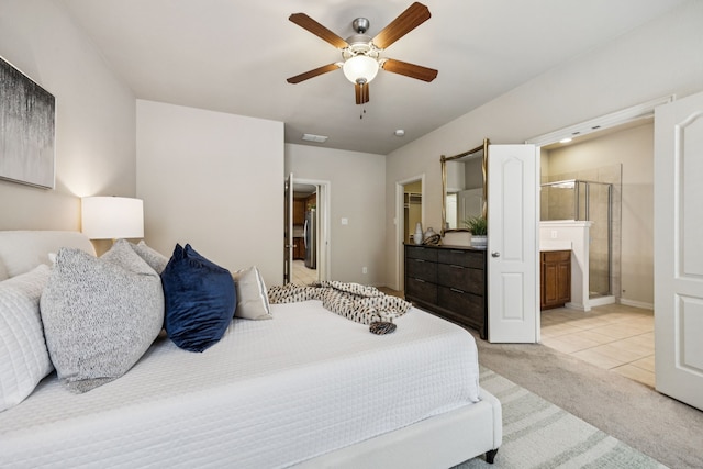 8100 Delaware Dr, Mckinney, TX 75070 - bedroom featuring freestanding refrigerator, light colored carpet, a walk in closet, a closet, and connected bathroom