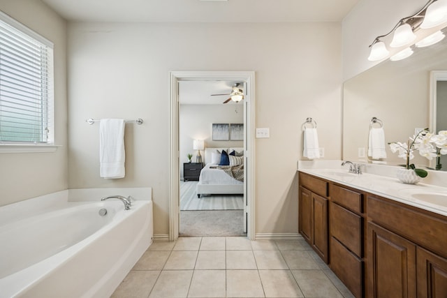 8100 Delaware Dr, Mckinney, TX 75070 - full bath with ensuite bathroom, double vanity, a bath, tile patterned floors, and ceiling fan
