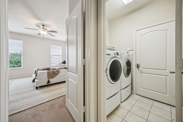 8100 Delaware Dr, Mckinney, TX 75070 - washroom with separate washer and dryer, ceiling fan, light carpet, and light tile patterned flooring