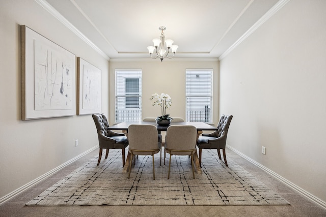 8100 Delaware Dr, Mckinney, TX 75070 - dining area with a chandelier, carpet floors, baseboards, and ornamental molding