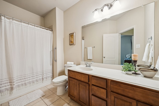 8100 Delaware Dr, Mckinney, TX 75070 - bathroom featuring vanity, toilet, tile patterned floors, and shower / tub combo with curtain