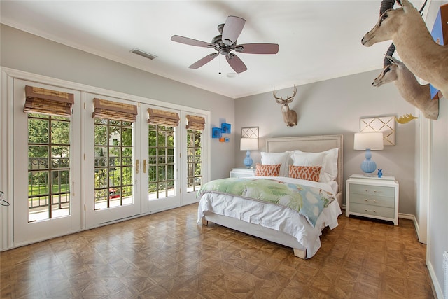 3649 Haynie Ave, University Park, TX 75205 - bedroom featuring access to outside, baseboards, ceiling fan, and french doors