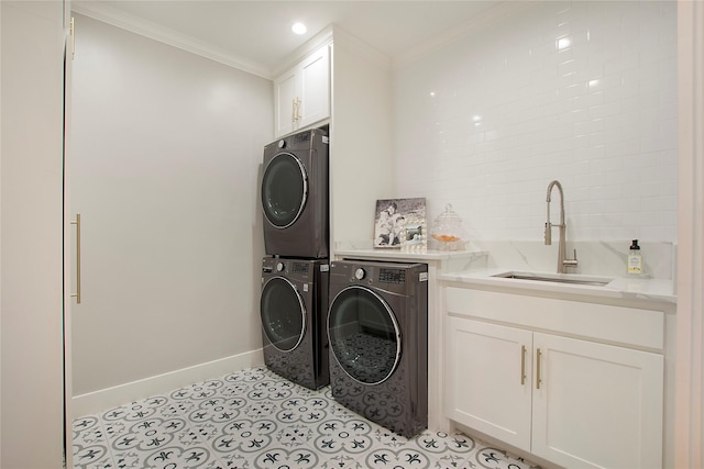 3649 Haynie Ave, University Park, TX 75205 - washroom with cabinet space, ornamental molding, baseboards, and stacked washer / drying machine