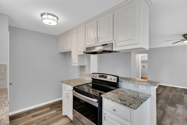 36 Atlantic Ave, Midlothian, TX 76065 - kitchen with stainless steel electric stove, under cabinet range hood, wood finished floors, white cabinetry, and ceiling fan