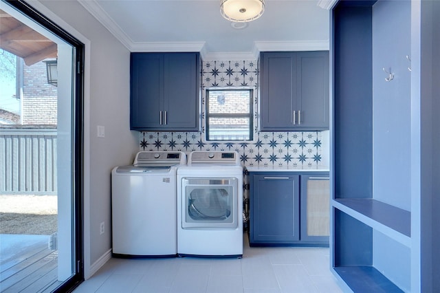 3710 Binkley Ave, University Park, TX 75205 - washroom featuring cabinet space, separate washer and dryer, ornamental molding, and light tile patterned floors