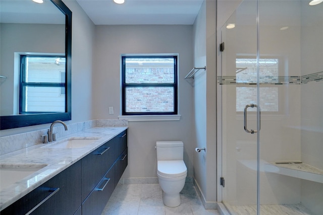 3710 Binkley Ave, University Park, TX 75205 - bathroom with double vanity, a stall shower, toilet, baseboards, and recessed lighting