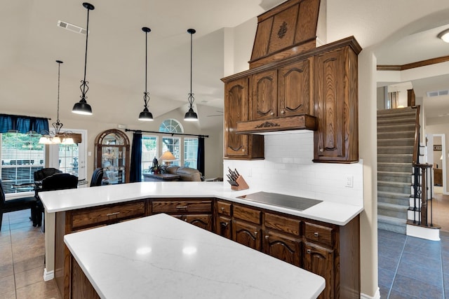 5210 Medallion Ct, Midlothian, TX 76065 - kitchen with black electric cooktop, a peninsula, light countertops, tile patterned flooring, and tasteful backsplash