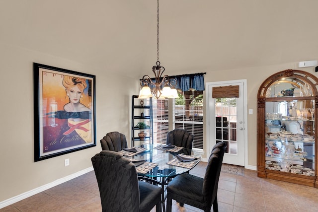 5210 Medallion Ct, Midlothian, TX 76065 - dining area featuring a chandelier, tile patterned floors, baseboards, and lofted ceiling
