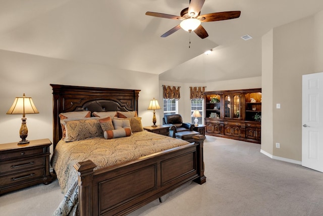 5210 Medallion Ct, Midlothian, TX 76065 - bedroom with light carpet, baseboards, a ceiling fan, and high vaulted ceiling