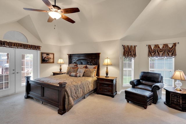 5210 Medallion Ct, Midlothian, TX 76065 - bedroom with vaulted ceiling, access to outside, light colored carpet, french doors, and a ceiling fan