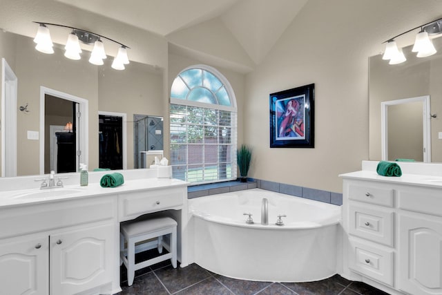 5210 Medallion Ct, Midlothian, TX 76065 - full bath featuring a garden tub, vanity, a stall shower, vaulted ceiling, and tile patterned flooring