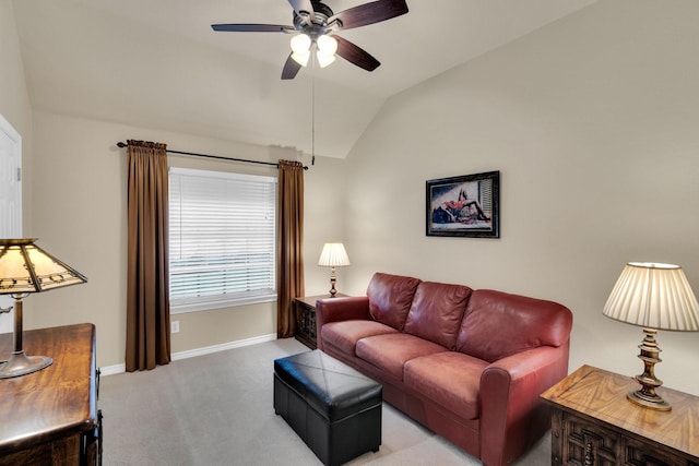 5210 Medallion Ct, Midlothian, TX 76065 - living room with carpet floors, lofted ceiling, baseboards, and ceiling fan