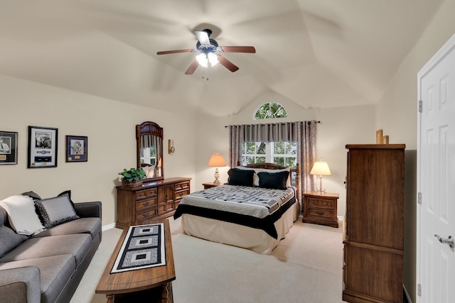 5210 Medallion Ct, Midlothian, TX 76065 - bedroom with light carpet, vaulted ceiling, baseboards, and ceiling fan