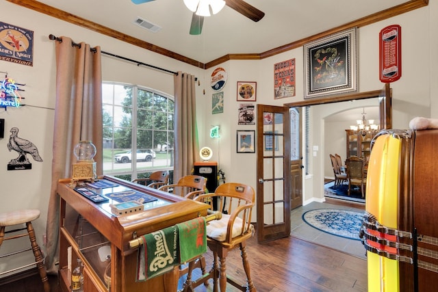 5210 Medallion Ct, Midlothian, TX 76065 - home office with ceiling fan, dark wood-style flooring, french doors, crown molding, and a chandelier