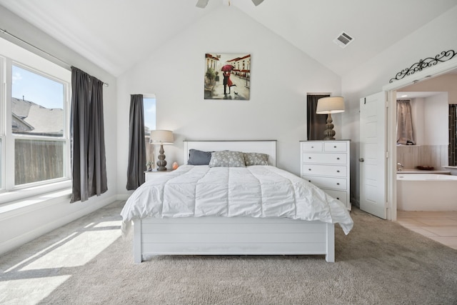 1305 Mary Horn Ln, Aubrey, TX 76227 - bedroom featuring lofted ceiling, light colored carpet, a ceiling fan, and light tile patterned flooring