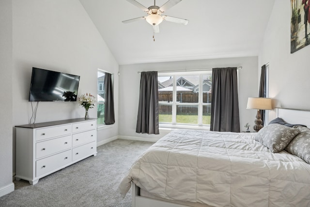1305 Mary Horn Ln, Aubrey, TX 76227 - bedroom with light colored carpet, baseboards, high vaulted ceiling, and ceiling fan