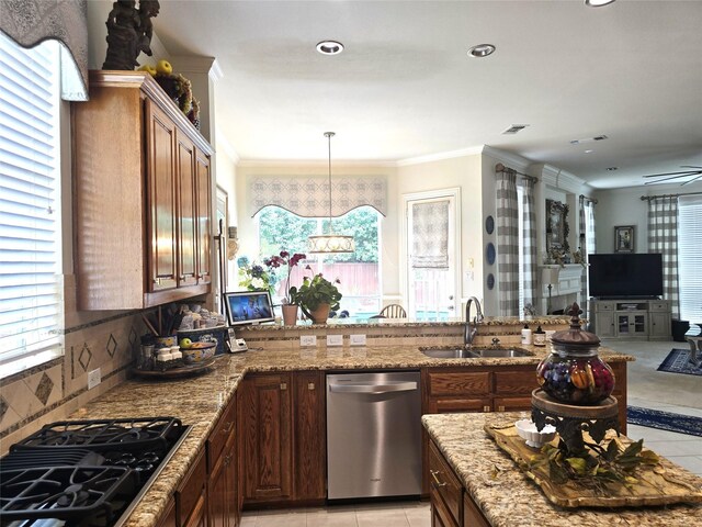 1504 Blossom Ct, Allen, TX 75013 - kitchen with dishwasher, a sink, black gas stovetop, light tile patterned floors, and ornamental molding