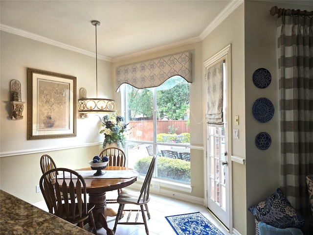 1504 Blossom Ct, Allen, TX 75013 - dining space with crown molding, healthy amount of natural light, light tile patterned flooring, and baseboards