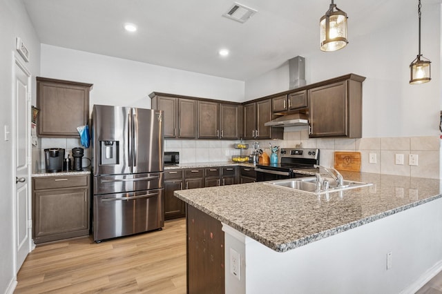 900 Sapphire Dr, Princeton, TX 75407 - kitchen with stainless steel refrigerator with ice dispenser, electric range, under cabinet range hood, a sink, and dark brown cabinetry