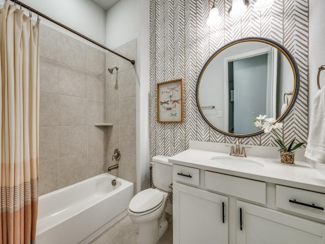 7621 Newtown, The Colony, TX 75056 - full bathroom featuring wallpapered walls, shower / bath combo, and vanity