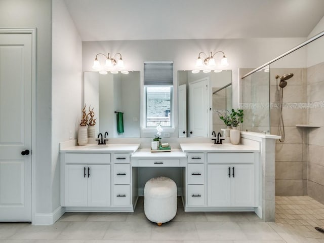 7621 Newtown, The Colony, TX 75056 - bathroom with walk in shower, vanity, a chandelier, and tile patterned floors