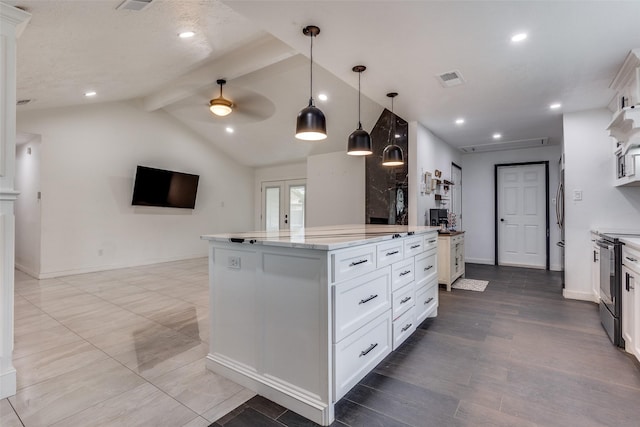 1321 Glyndon Dr, Plano, TX 75023 - kitchen featuring stainless steel range, a ceiling fan, white cabinetry, light stone countertops, and baseboards