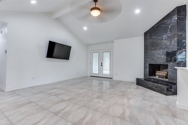 1321 Glyndon Dr, Plano, TX 75023 - unfurnished living room featuring a ceiling fan, french doors, recessed lighting, baseboards, and a high end fireplace