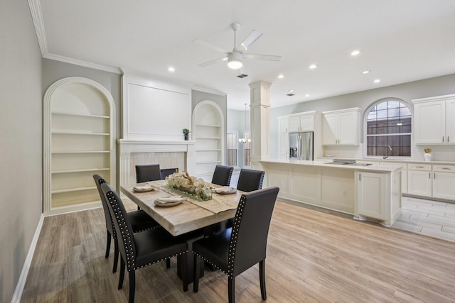 4616 Heatherbrook Ln, Grand Prairie, TX 75052 - dining area with ceiling fan, light wood-style floors, ornamental molding, recessed lighting, and baseboards