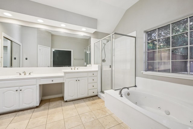 4616 Heatherbrook Ln, Grand Prairie, TX 75052 - full bath featuring a shower stall, double vanity, a whirlpool tub, vaulted ceiling, and tile patterned floors